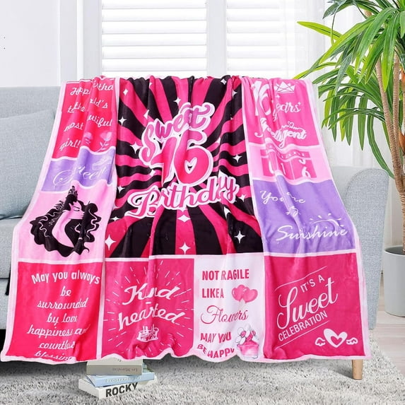 Sweet 16th Birthday Gift - Pink 16 Year Old Girl Present - Best 16th Birthday Party Decoration Throw Blanket 50"X60"