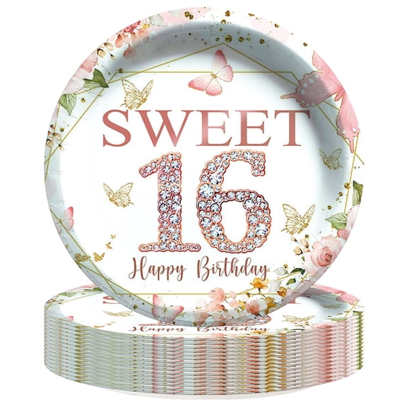 Sweet 16th Sixteen Pink Flora Paper Plates Birthday Party Supplies Decorations 16pcs Tableware Disposable Dinnerware