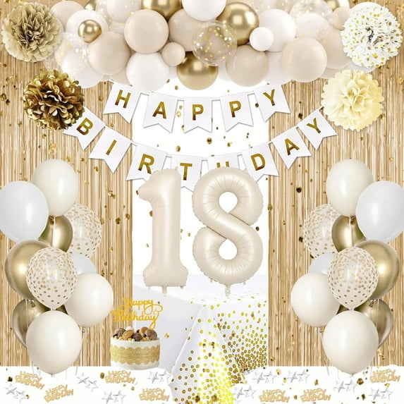 Sweet 18 Birthday Party Decorations, White and Gold Balloons Set for Girls Boy with 18th Happy Birthday Banner Tablecloth Fringe Curtain Cake Topper Paper Poms