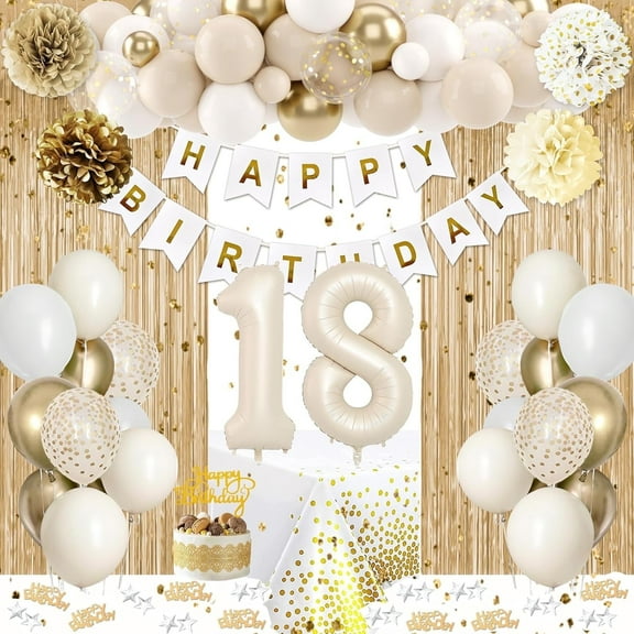Sweet 18 Birthday Party Decorations, White and Gold Balloons Set for Girls Boy with 18th Happy Birthday Banner Tablecloth Fringe Curtain Cake Topper Paper Poms