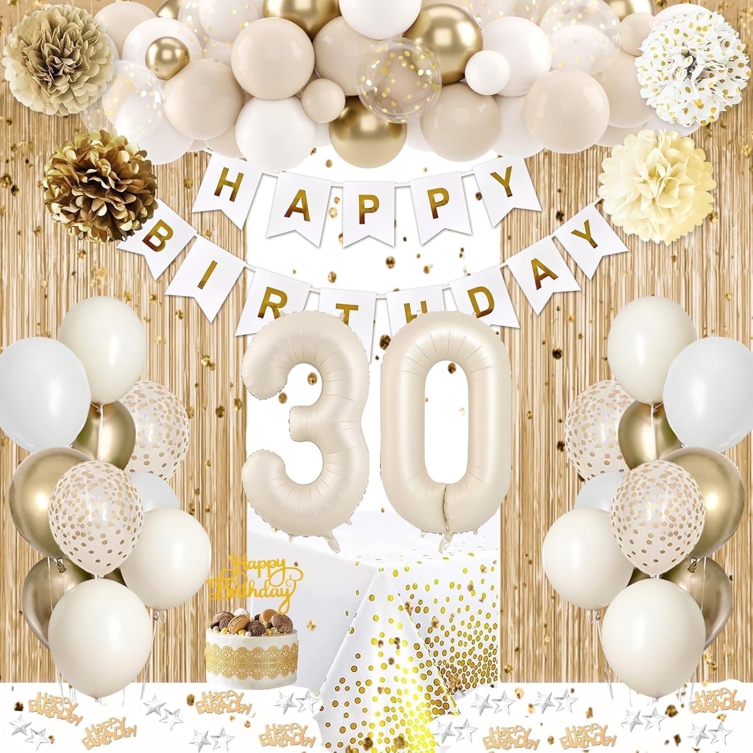 Sweet 30 Birthday Party Decorations, White and Gold Balloons Set for
