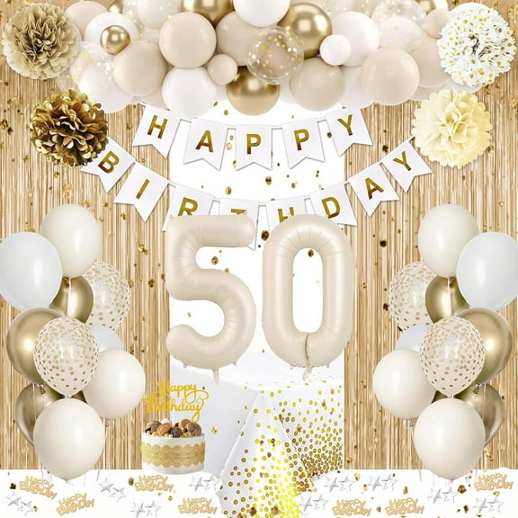 Sweet 50 Birthday Party Decorations, White and Gold Balloons Set for Girls Boy with 50th Happy Birthday Banner Tablecloth Fringe Curtain Cake Topper Paper Poms