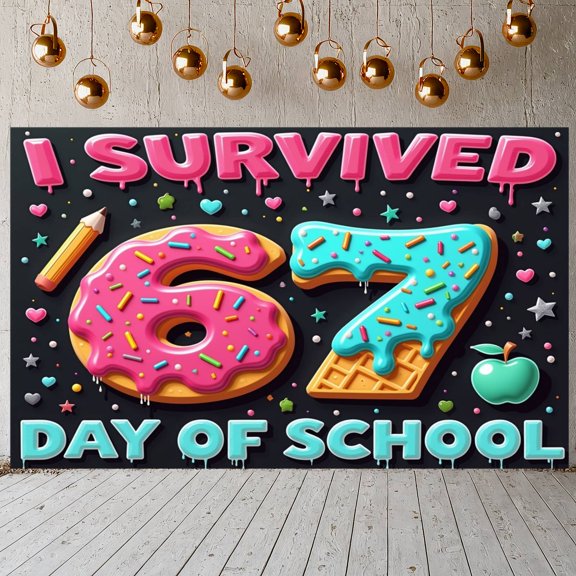 Sweet 67 Day of School Banner Colorful Sprinkles School Milestone Display Donut Number Design Glaze Drip Classroom Celebration Backdrop for Elementary School Classroom Celebration Student Milestone