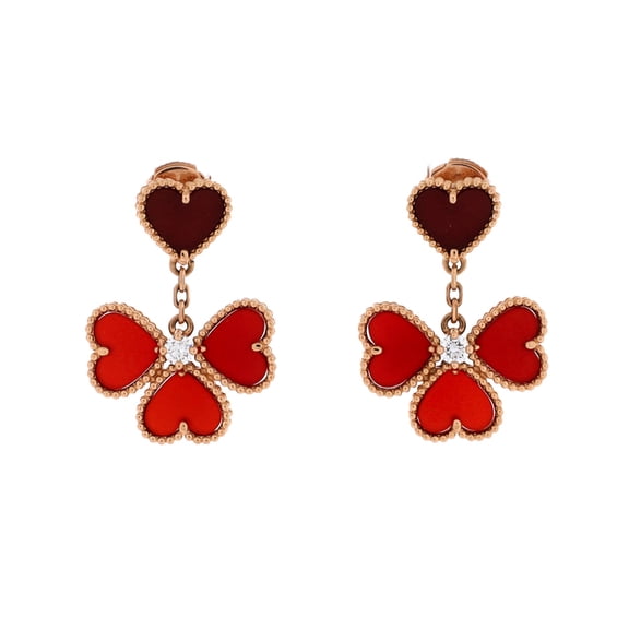 Sweet Alhambra Effeuillage Heart Earrings 18K Rose Gold with Carnelian and Diamonds By Rebag