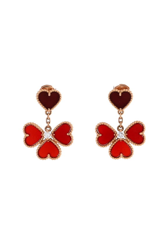 Sweet Alhambra Effeuillage Heart Earrings 18K Rose Gold with Carnelian and Diamonds By Rebag