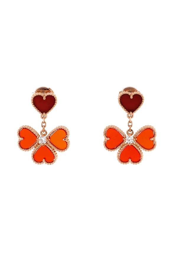 Sweet Alhambra Effeuillage Heart Earrings 18K Rose Gold with Carnelian and Diamonds By Rebag