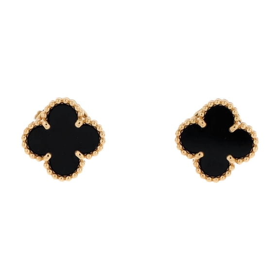 Sweet Alhambra Stud Earrings 18K Yellow Gold and Onyx By Rebag
