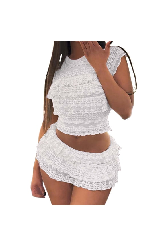 Sweet And Hot Girl Solid Color Hollow Slim Pleated Shorts Suit