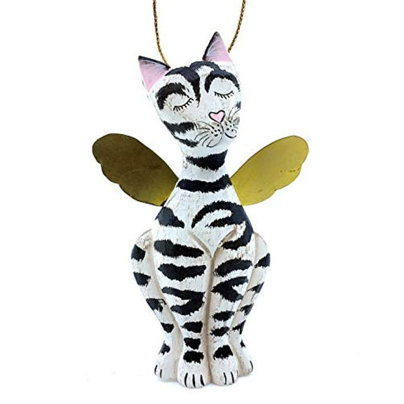 Sweet Angel Cat Christmas Tree Ornament - Hand Carved Tabby Kitty