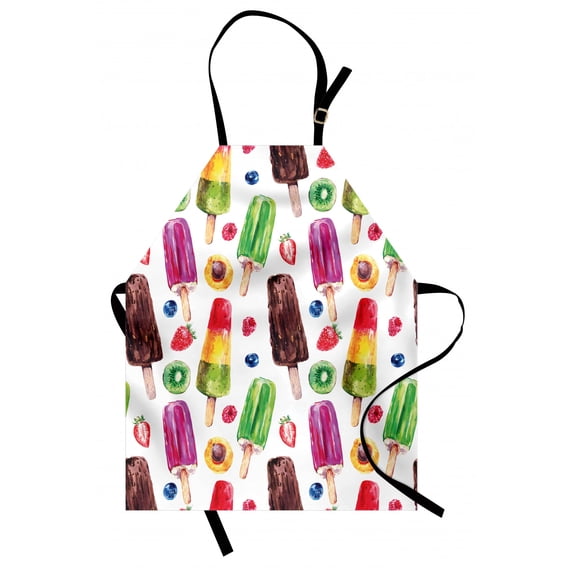 Sweet Apron Yummy Cute Vivid Ice Creams with Fruit and Chocolate Flavors Kiwi Watercolor Design, Unisex Kitchen Bib Apron with Adjustable Neck for Cooking Baking Gardening, Multicolor, by Ambesonne