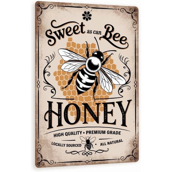 Sweet As Can Bee Honey Sign  Vintage-Style Metal Wall Art With Honeycomb, Bee & Rustic Label, Locally Sourced Decor 8x12