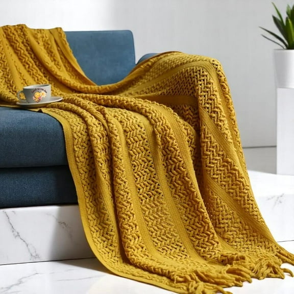 Sweet As Can Bee Yellow Tassel Knit Throw Soft Warm Blanket