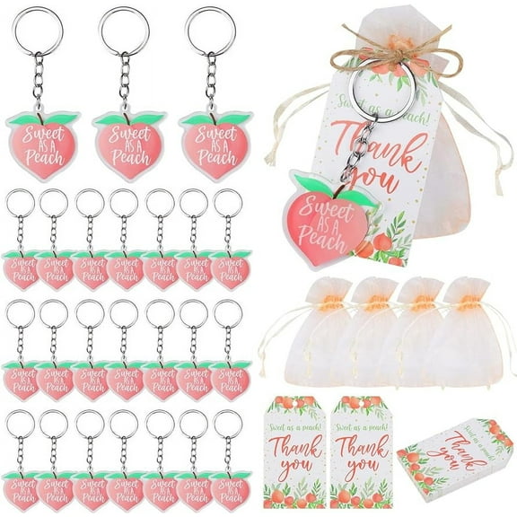 Sweet As a Peach Party Favors, Little Cutie Party Favors with 24pcs Peach Keychains Sweet As a Peach Tag Pink Organza Bags for Boys Girls Fruit Theme Birthday Party Supplies Decorations School Rewards