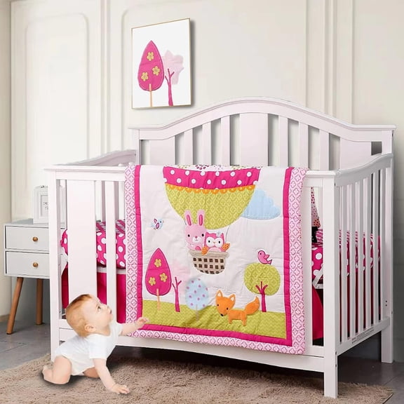 Sweet Baba 100% Cotton Crib Set, Cute Rabit Crib Bedding Set for Baby Girls in Red| 3 Pieces - Crib Quilt, Fitted Sheet, Crib Skirt