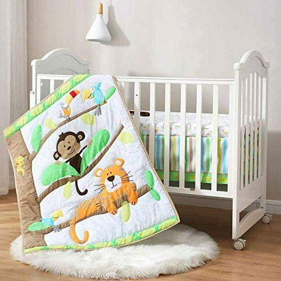 Sweet Baba 3 PC Organic Cotton Crib Bedding Set for Neutral Baby Boy and Girl,  Portable Standard Crib Set, Safari Woodland Tiger Monkey Nursery Set in White/Green