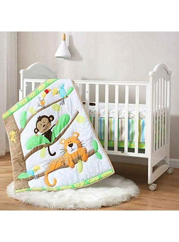 Sweet Baba 3 PC Organic Cotton Crib Bedding Set for Neutral Baby Boy and Girl,  Portable Standard Crib Set, Safari Woodland Tiger Monkey Nursery Set in White/Green