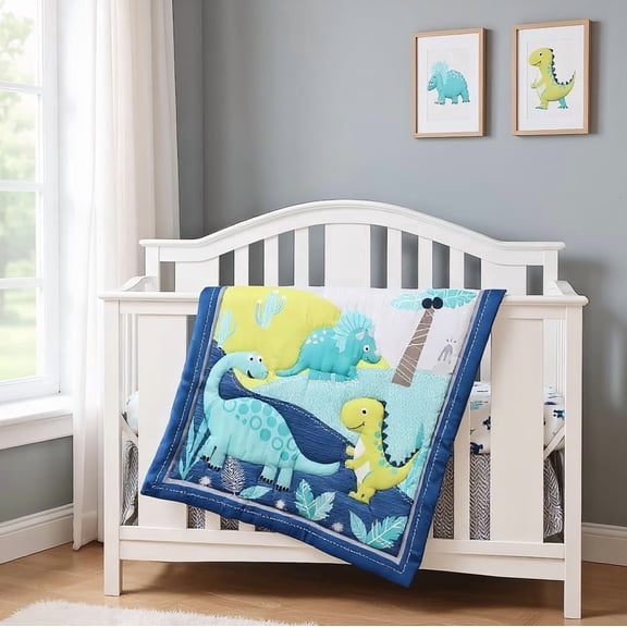 Sweet Baba 3 PC Dinosaur Crib Bedding Sets for Baby Boys,Yellow/Navy Blue Nursery Crib Set Including Crib Skirt/Crib Quilt/ Crib Sheet
