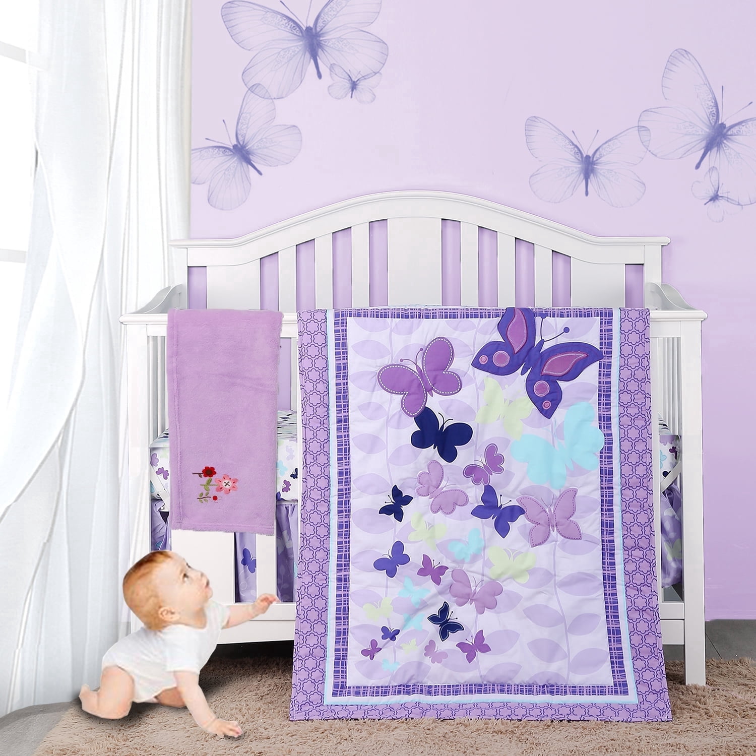 Sweet Baba  Cotton Butterfly Purple Crib Bedding Set for Baby Girls, 4 PC Nursery Set with Comforter/Skirt/Crib Sheet/Blanket
