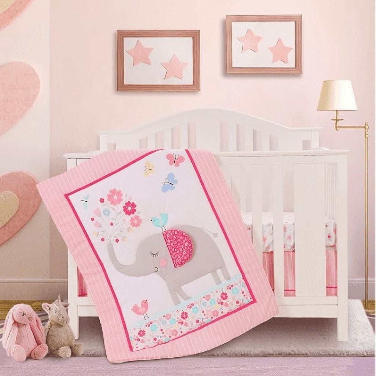 Sweet Baba Crib Bedding Set 3-Piece, Pink Elephant Baby Nursery Set, Safari Theme Crib Set,  Crib Sheet, Crib Skirt, Crib Comforter Included, Baby Girl Nursery Decor