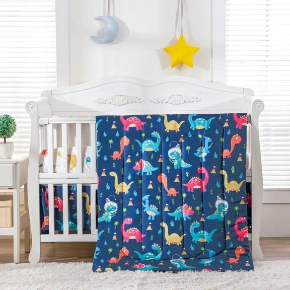Sweet Baba Dinosaur Blue Crib Bedding Set for Boy, 3 PC Baby Nursery Set Including Quilt/Skirt/Fitted Sheet