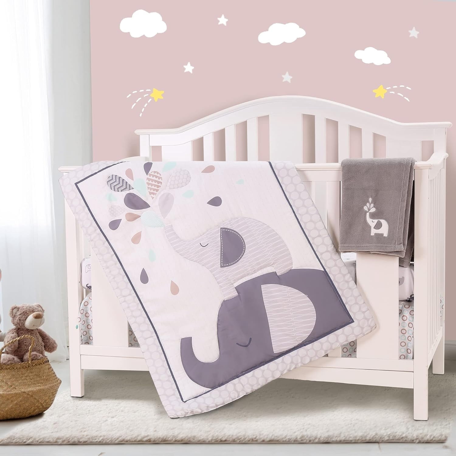 Sweet Baba Gray Elephant Crib Bedding Sets for Boys 4 Pcs, Baby Girls Set Included Comforter, Fitted Sheet, Crib Skirt & Blanket for Nursery Standard Size Neutral