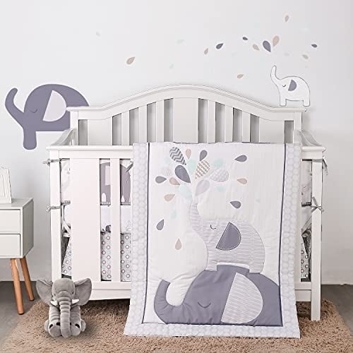 Sweet Baba Jungle Elephant Crib Bedding Sets for Baby Boys,4 PC Cot Bedding Set Including 1 Crib Skirt, 1 Quilt, 2 Crib Sheet,Grey/White Crib Set,Unisex Nursey Bedding and Neutral Decoration