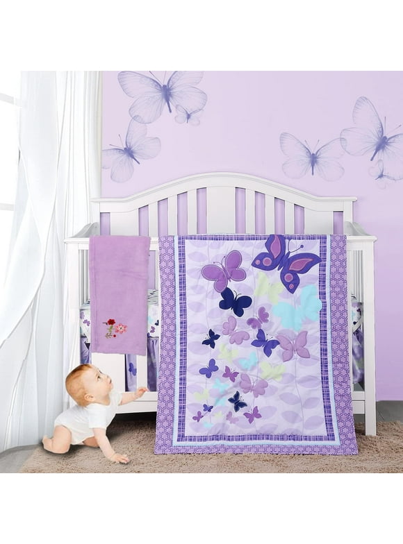Sweet Baba Luxury 4 PC Cotton Butterfly Purple Crib Bedding Set for Baby Girls, Microfiber Printed Nursery Bedding Set with Comforter/Skirt/Crib Sheet/Blanket