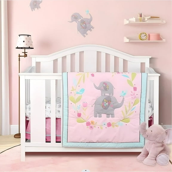 Sweet Baba Luxury 4 PC Pink Elephant Crib Bedding Set for Baby Girl,Microfiber Printed Nursery Bedding Set with Comforter/Skirt/Crib Sheet/Blanket