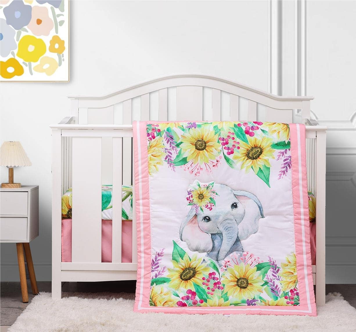 Pink and White Organic Microfiber Baby Quilt Set with Elephant Design