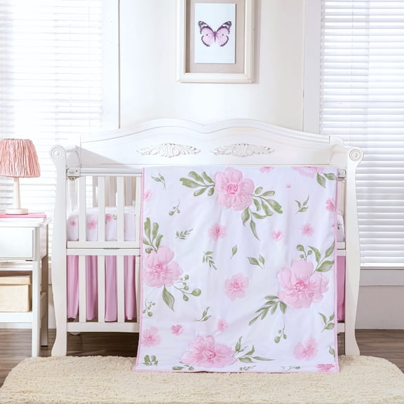 Sweet Baba Pink Crib Bedding Set for Baby Girls, 3 PC Nursery Set Including Quilt/Skirt/Crib Sheet