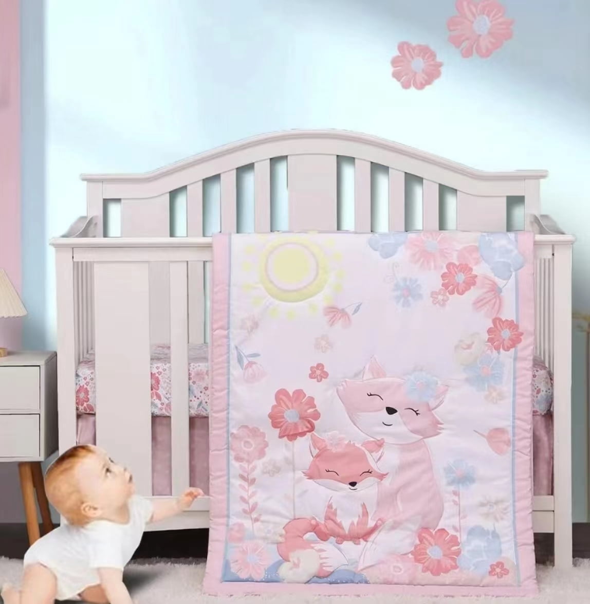 Sweet Baba 3 Piece Crib Bedding Sets for Girls, Pink Forest Baby Crib Set Including Crib Skirt,Quilt,Crib Sheet