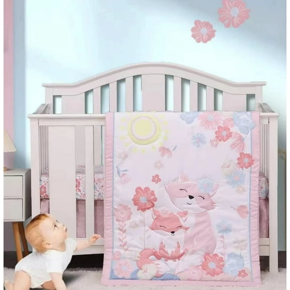 Sweet Baba 3 Piece Crib Bedding Sets for Girls, Pink Forest Baby Crib Set Including Crib Skirt,Quilt,Crib Sheet