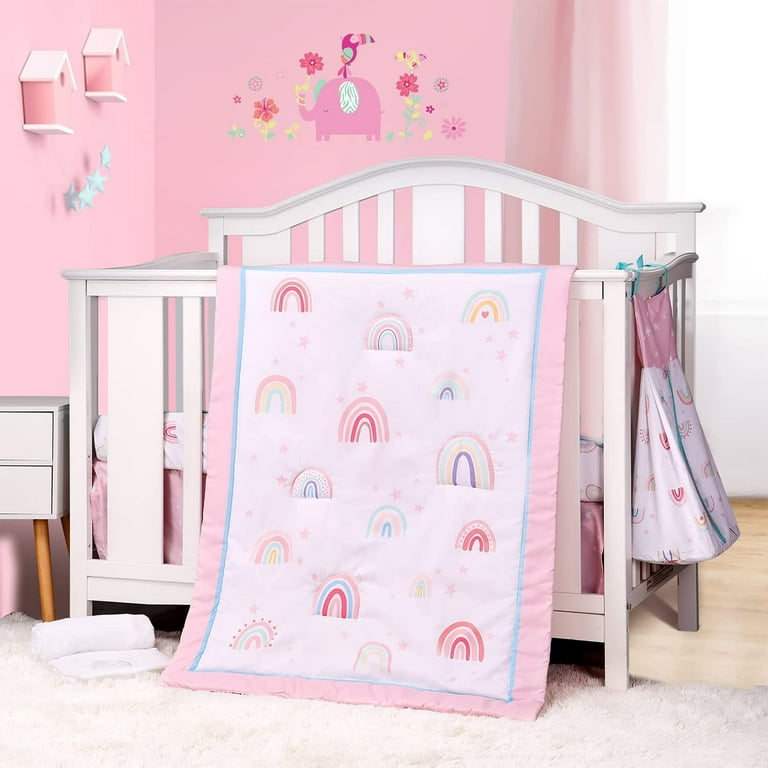 Sweet Baba Pink Rainbow Crib Bedding Set for Baby Girls 5 PC Nursery Set Including Quilt Skirt Crib Sheet Diaper Stacker Blanket Walmart