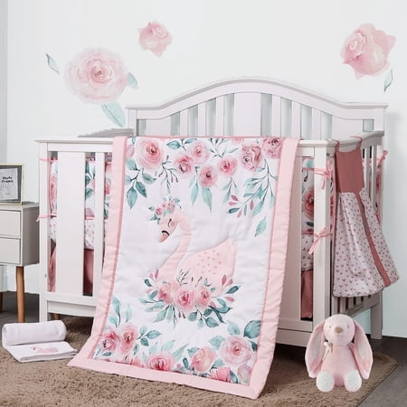 Sweet Baba Pink Swan Crib Bedding Set For Baby Girls, 5 PC Crib Set Includes Comforter/Skirt/Crib Sheet/Diaper Stacker/Blanket