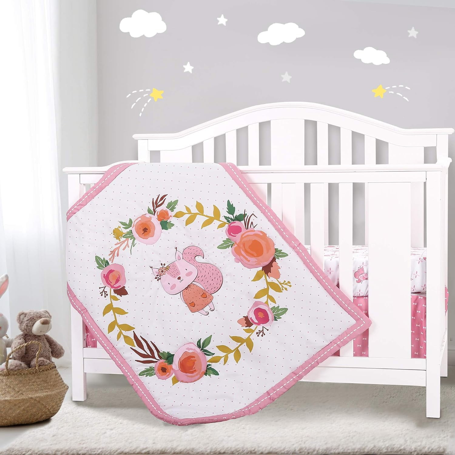 Sweet Baba Pink & White Crib Bedding Sets for Girls 3 Pcs, Squirrel Baby Crib Bedding Set Including Crib Quilt/Crib Skirt/Crib Sheet
