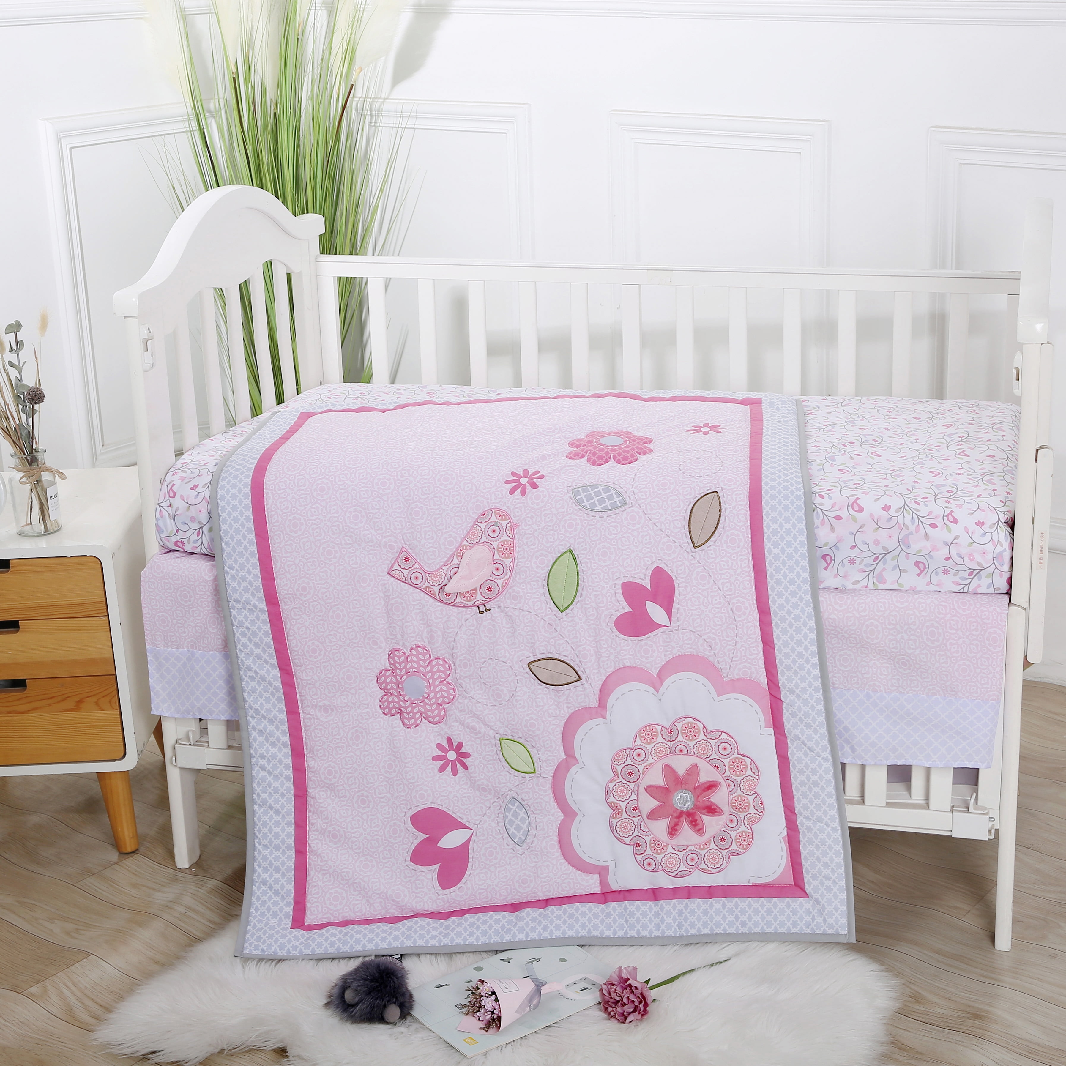Sweet Baba Soft Cotton 3PC Crib Bedding Set, Pink Bird Crib Set for Baby Girls