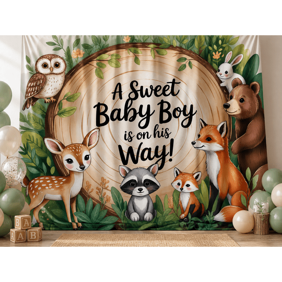 Sweet Baby Boy Woodland Animals Backdrop