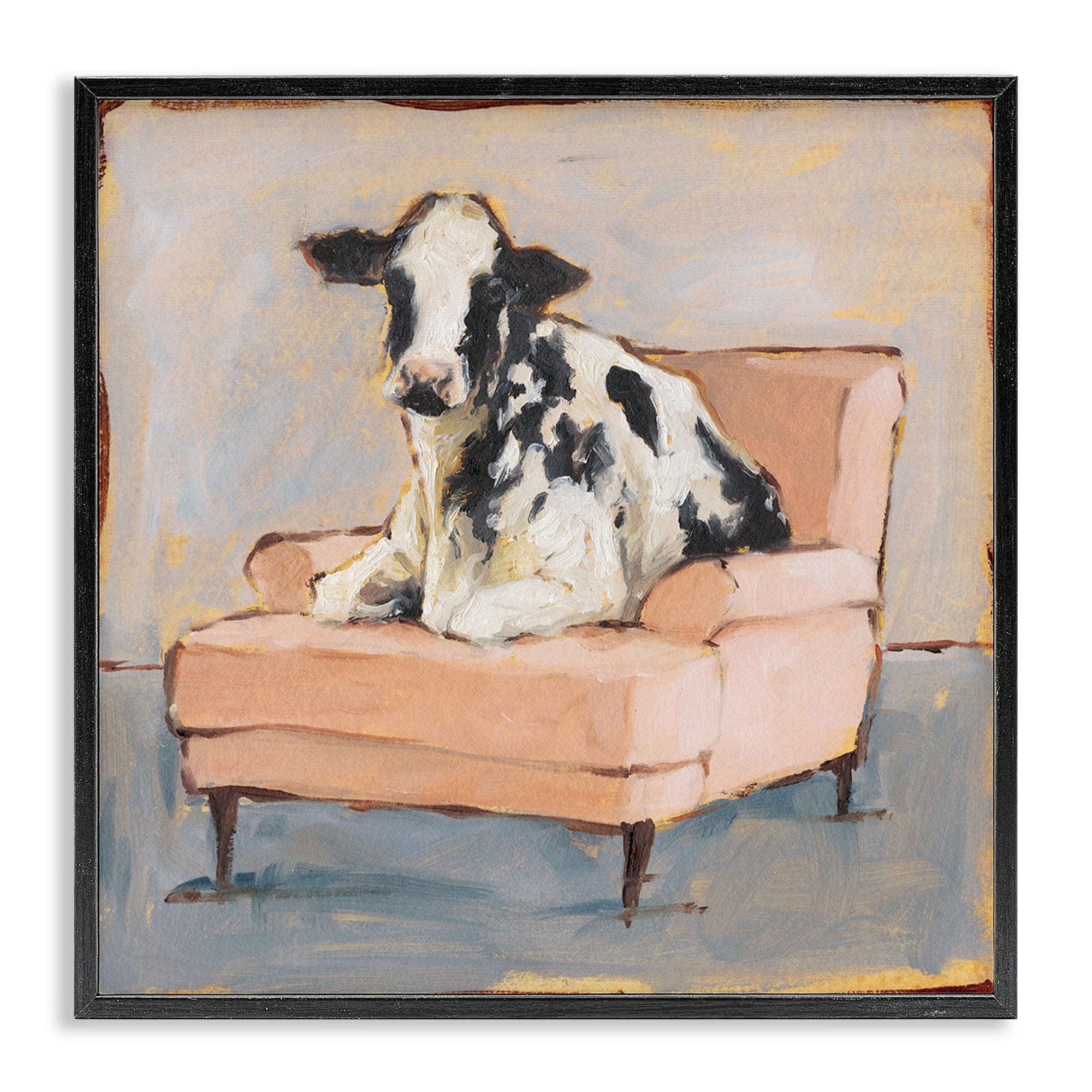 Sweet Baby Calf on a Pink Couch Neutral Color Painting Animals & Insects Framed Art Print Wall Art, 17x17