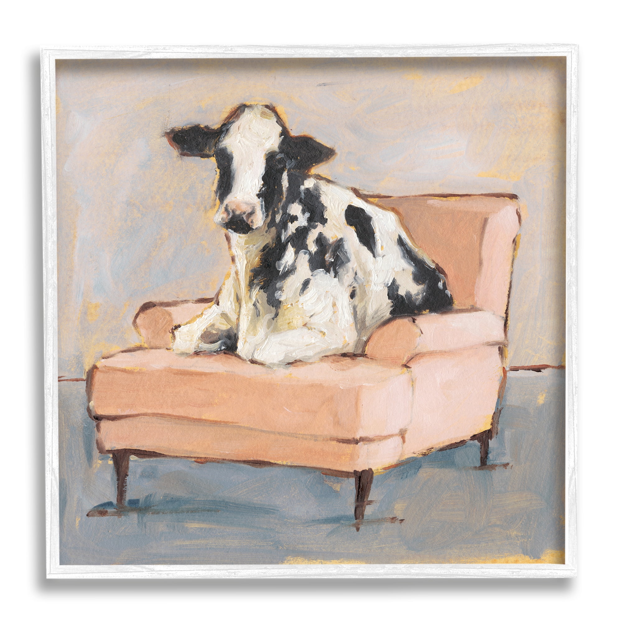 Sweet Baby Calf on a Pink Couch Neutral Color Painting Animals & Insects Framed Art Print Wall Art, 17x17