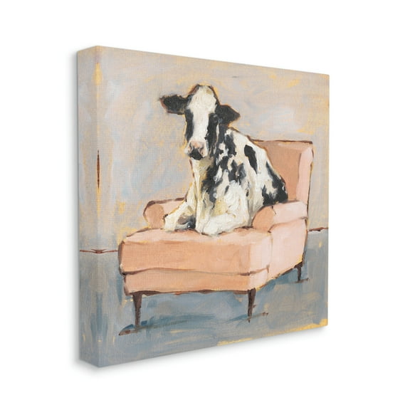 Sweet Baby Calf on a Pink Couch Neutral Color Painting Animals & Insects Gallery-Wrapped Canvas Print Wall Art, 17x17