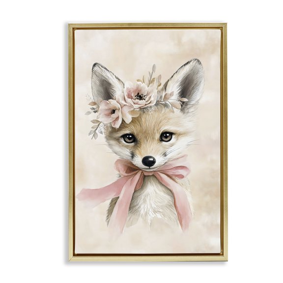 Stupell Industries Sweet Baby Fox with Bow Gold Framed Floater Canvas Wall Art, design by Creative Studio, 25 x 17