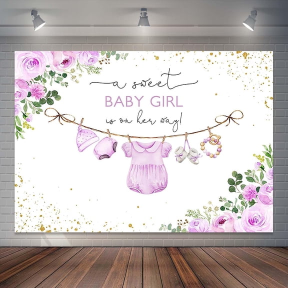 Sweet Baby Girl Baby Shower Backdrop Baby Clothes Baby Shower Photography Background Purple Floral Girl Baby Shower Party Cake Table Decorations Banner Photo Booth Props