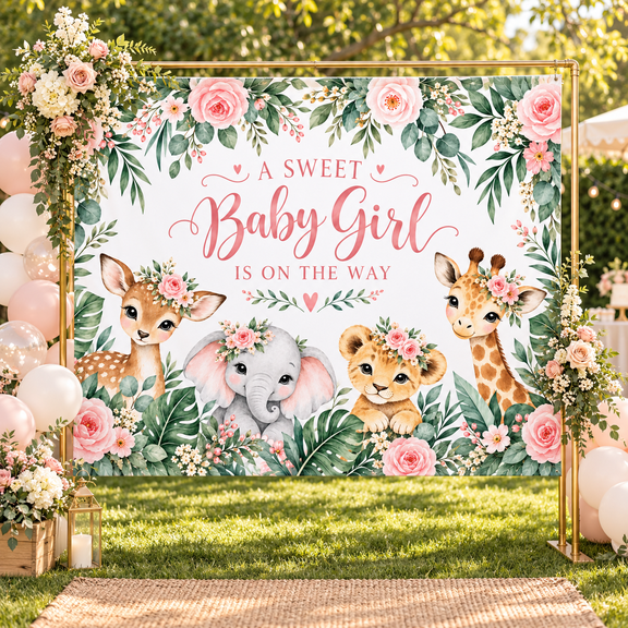 A Sweet Baby Girl Is On The Way Backdrop, Pink Floral Jungle Animals Baby Shower Photography Background, Safari Deer Elephant Lion Giraffe Girl Baby Shower Party Decorations Banner 70.8 x 43.3 Inch