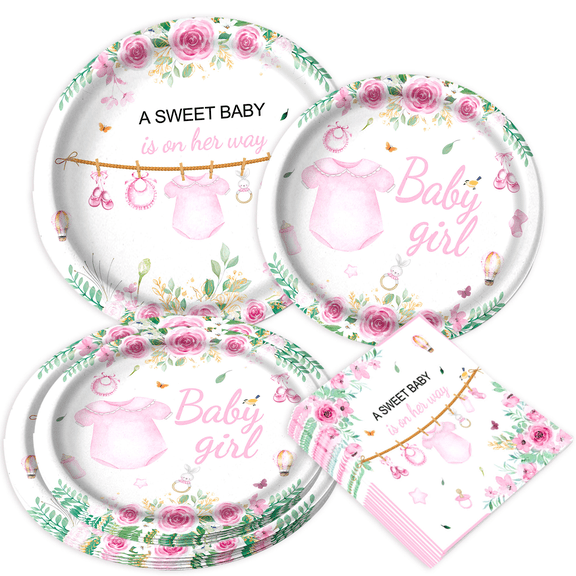 Sweet Baby Shower Party Supplies - Pink Floral & Pastel Theme Disposable Tableware Set for Celebrations