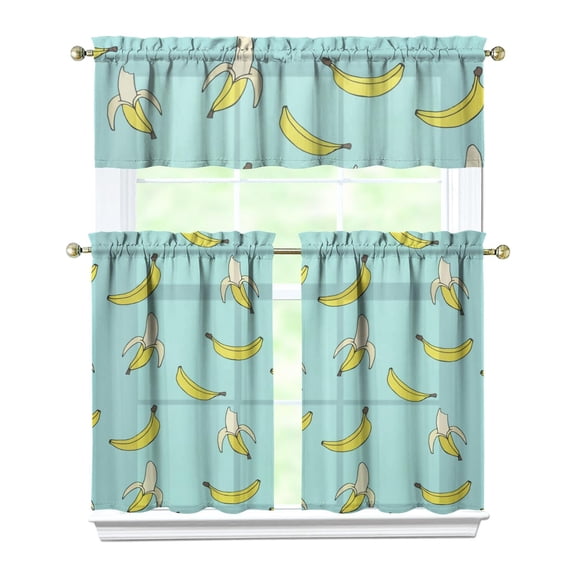Sweet Banana Lover Kitchen Curtains Set Tier and Valance, Tropical Yellow Fruit Print with Cute Kawaii Cartoon Pattern, Fresh Aesthetic Drapes for Kitchen Decor