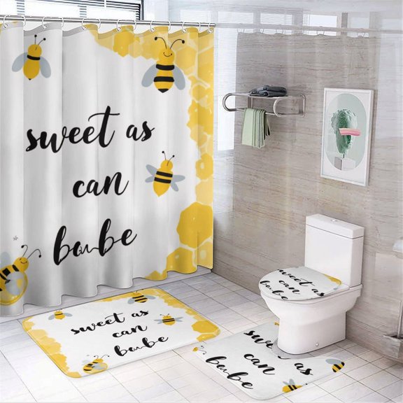 Sweet Bees Honeycomb Print Shower Curtain Bathroom Sets Toilet Lid Rug, Bath Mat And Contour Mat, Shower Curtain 4Pcs