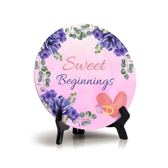 Sweet Beginnings Baby Shower Decoration Circle 5x5" Table Sign Home Decor | Baby Party Signs