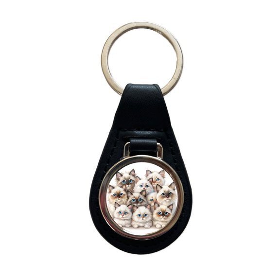 Sweet Birman Cats Metal Black Leather Keychain
