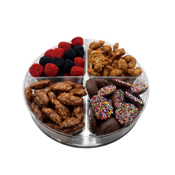Sweet Bites Gift Tray Caramel Cashews, Caramel Pecans, Milk Chocolate Nonpareils, and Gourmet Red & Black Raspberry Gummies Over 1 lb of Sweet Treats Perfect for Gifting or Indulging