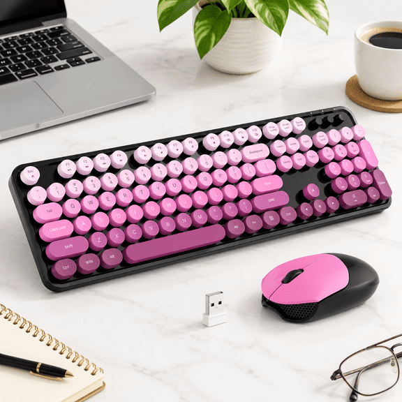 Sweet Black Pink 104-Key Full-Size Wireless and Mouse Retro Typewriter Set